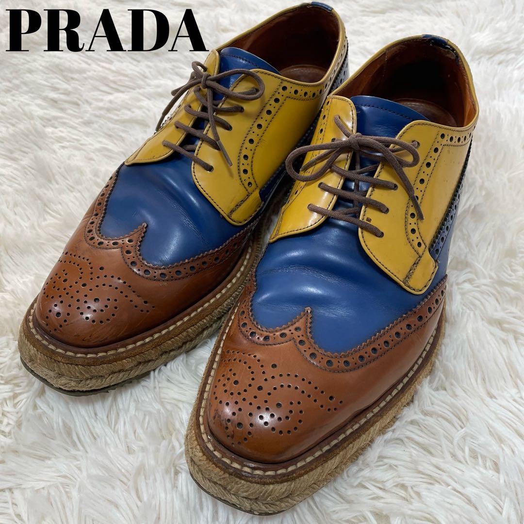美品 プラダ エスパドリーユ ウイングチップ ドレスシューズ 6 1/2 名作【PRADA】プラダ エスパドリーユ 厚底ウイングチップシューズ 6 1