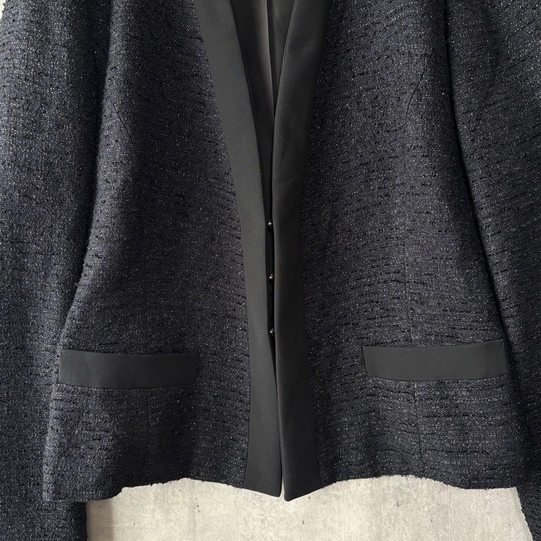 レリアン Leilian ツイードノーカラージャケット ラメ ネイビー 13L