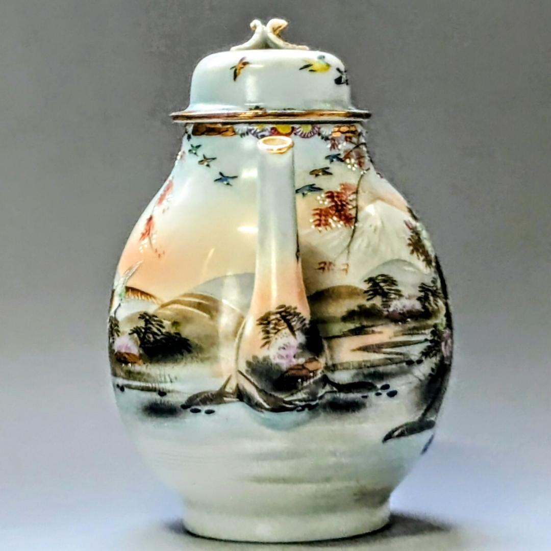 オールドニッポン ポット 花鳥図 白釉盛上 花摘み・フラワーハンドル