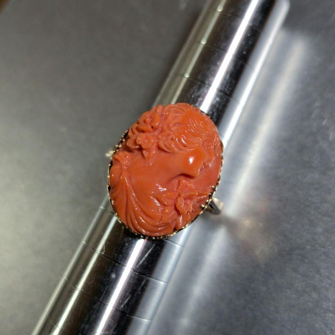 リング 珊瑚 さんご サンゴ カメオ 彫刻 横顔 お花 5.98g - メルカリ