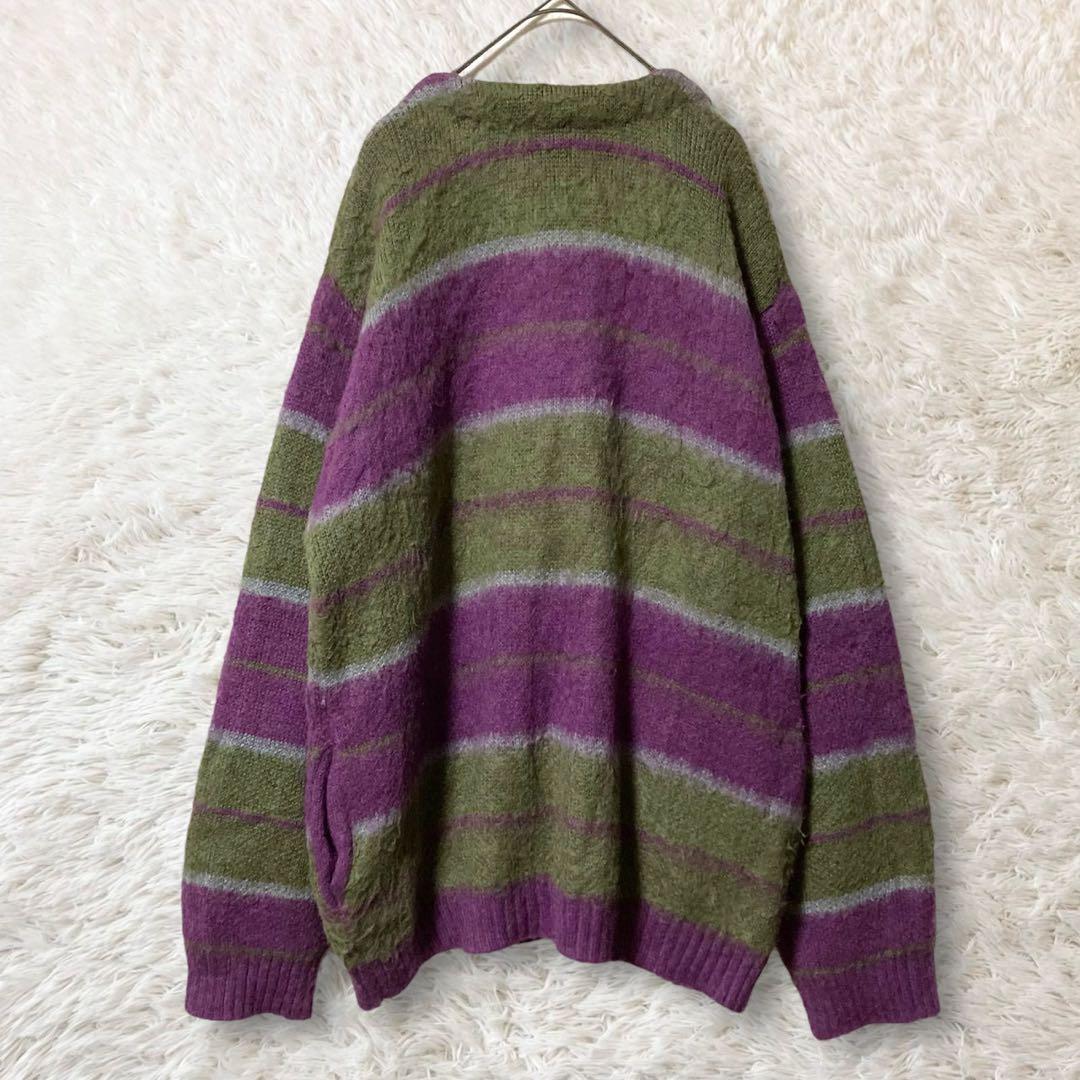KOOKY'N アルパカ混モヘアライクカーディガン ボーダー 紫&緑 メンズ F