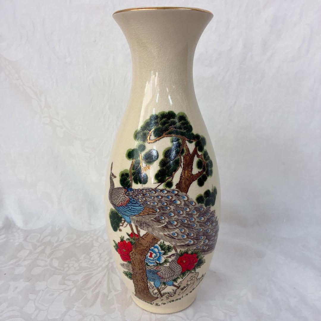 九谷焼】明陶窯 花瓶 陶器 孔雀 金彩花鳥 ヴィンテージ 花器 壺 引出物