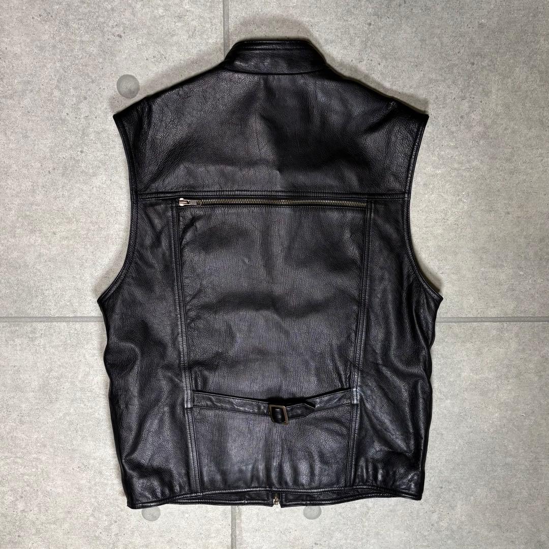 ヴィンテージ レザーベスト 本革 90s ギミック マルチポケット シンチ