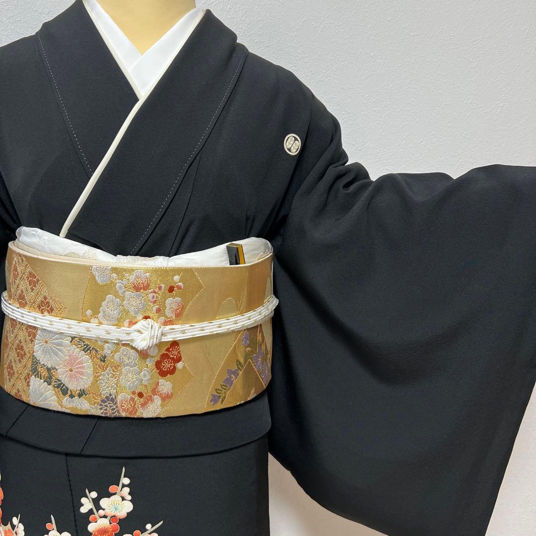 181 黒留袖フルセット 正絹 丸に並び鷹の羽 作家物 友禅 金彩 豪華