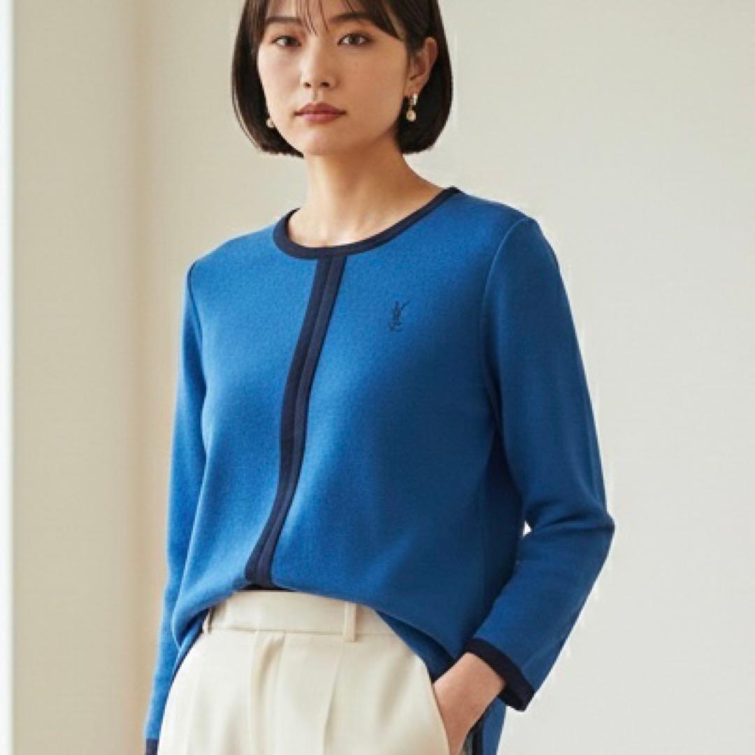 美品 80s-90s オールドサンローラン YSLロゴ刺繍 ニット M ブルー