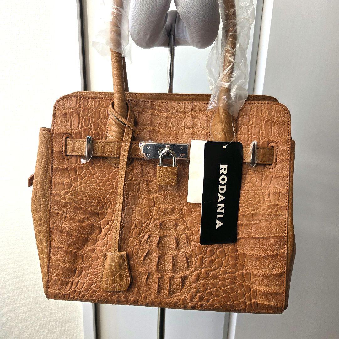 【未使用】RODANIA クロコ型押し ハンドバッグ 本革 ブラウン 希少 爆買WEEKセール マットクロコダイル ハンドバッグ レディース ワニ革