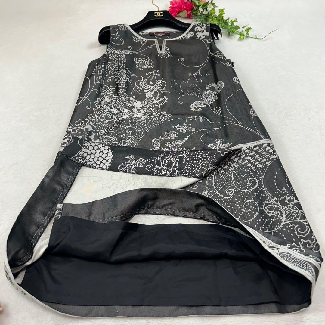 K667 美品 M レオナール シルク混 ひざ丈ワンピース ブラック