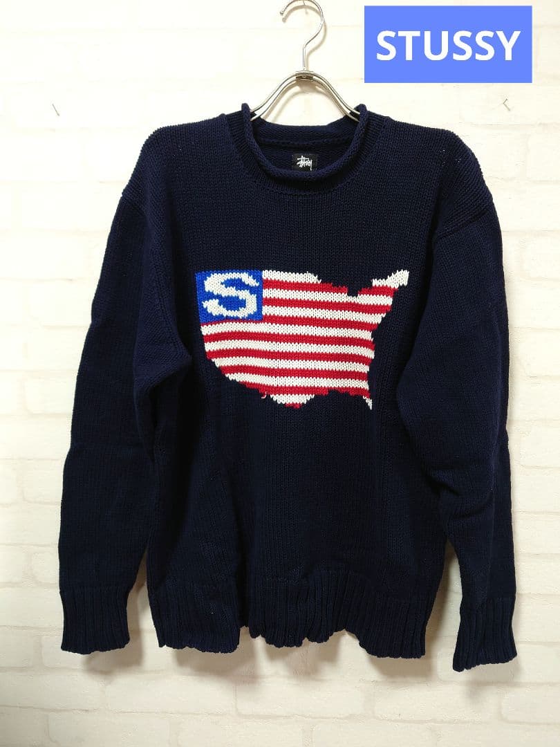 STUSSY ステューシー アメリカ国旗 星条旗コットンニット ネイビー L 中古・古着通販】stussy (ステューシー) 古着星条旗ニット レッド