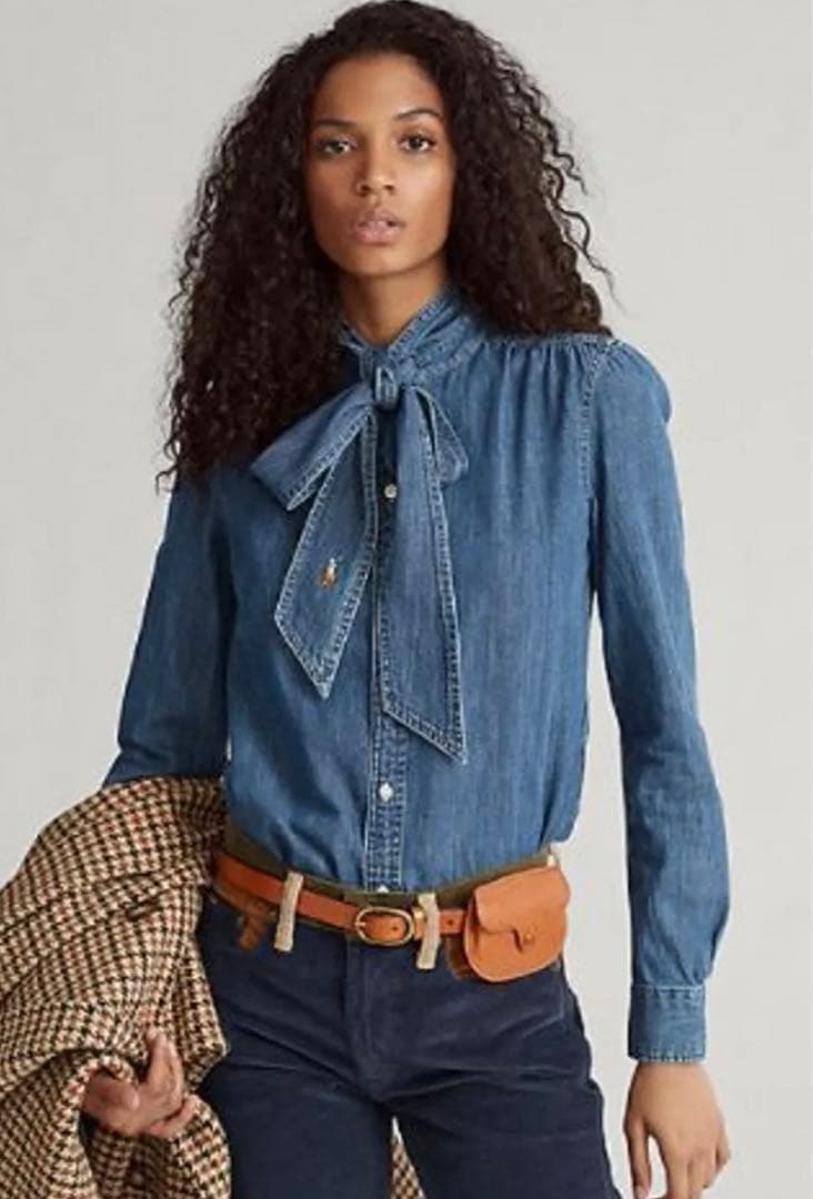 希少！タグ付き ラルフローレンRalph Laurenデニムボウタイブラウス 0