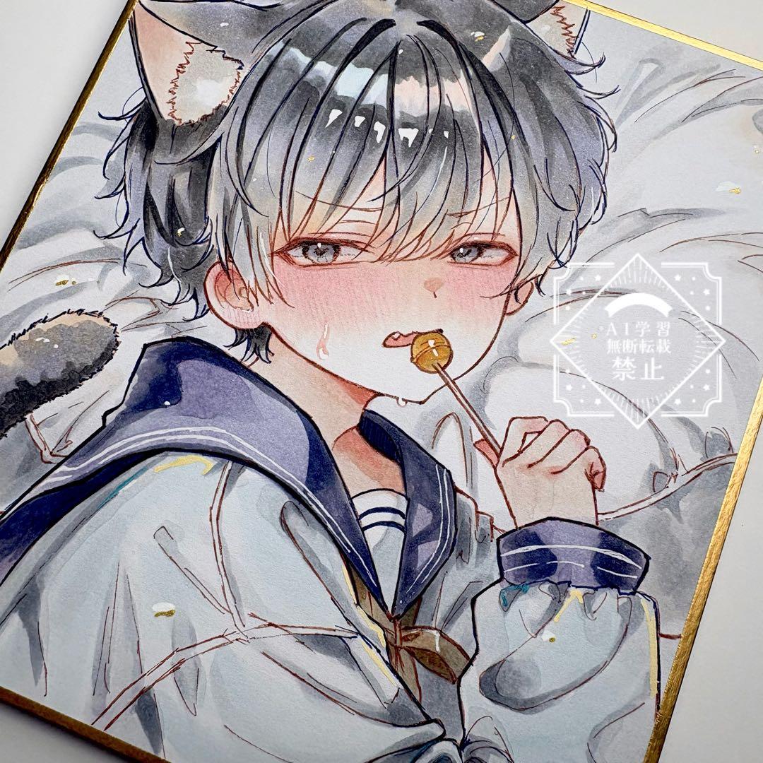 二*ル様 一点物 オリジナル 色紙 手描きイラスト アナログ 男の子 創作 原画 原画一点物】オリジナル男子 手描き色紙イラスト たこ焼き モチーフ