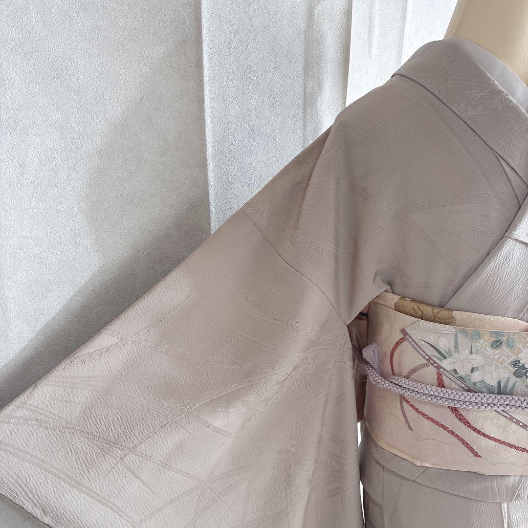 色無地 フルセット 着物 正絹 しつけ糸付き ホワイトグレー 一つ紋 G4