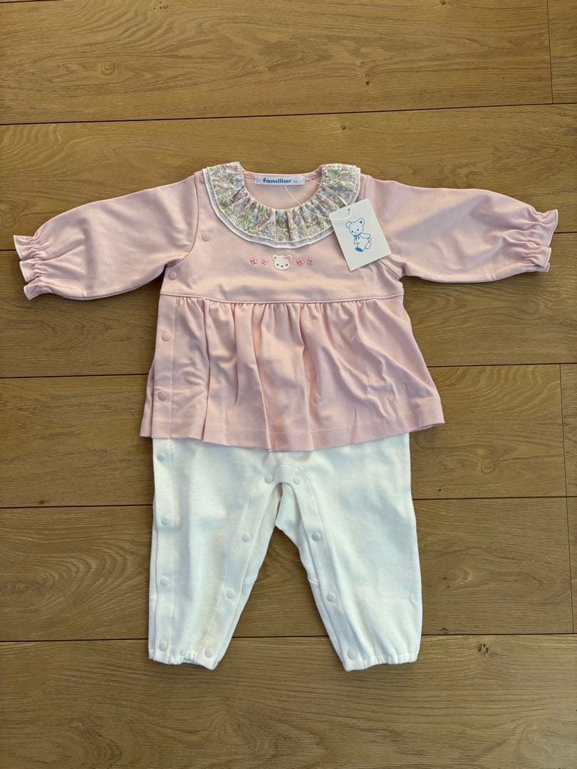 familiar ロンパース 70 ピンク/ホワイト familiar - ▽ファミリア/familiar▽70cm 長袖カバーオール/ロンパース