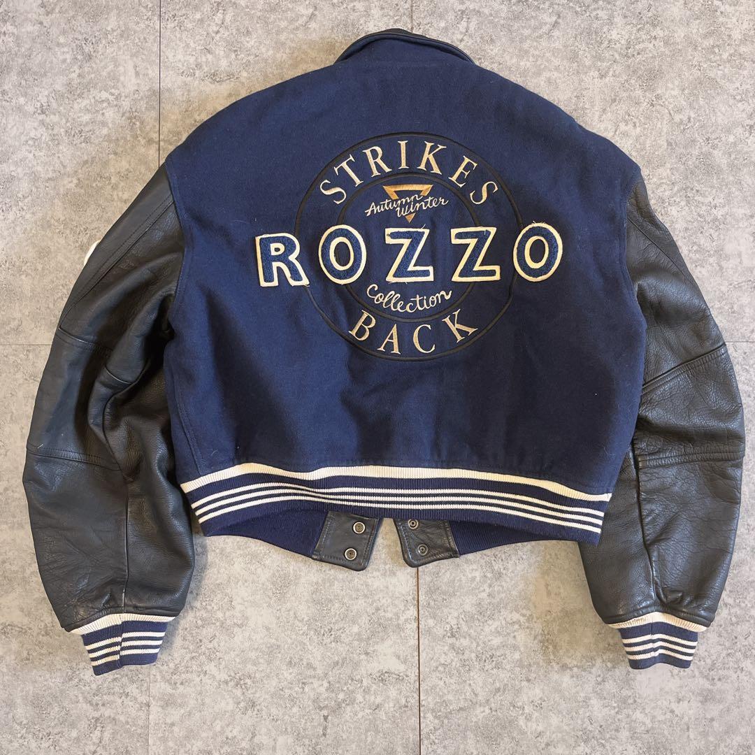 ROZZO スタジャン 短丈 ワッペン レザー 紺×黒 y2k 古着 アメカジ