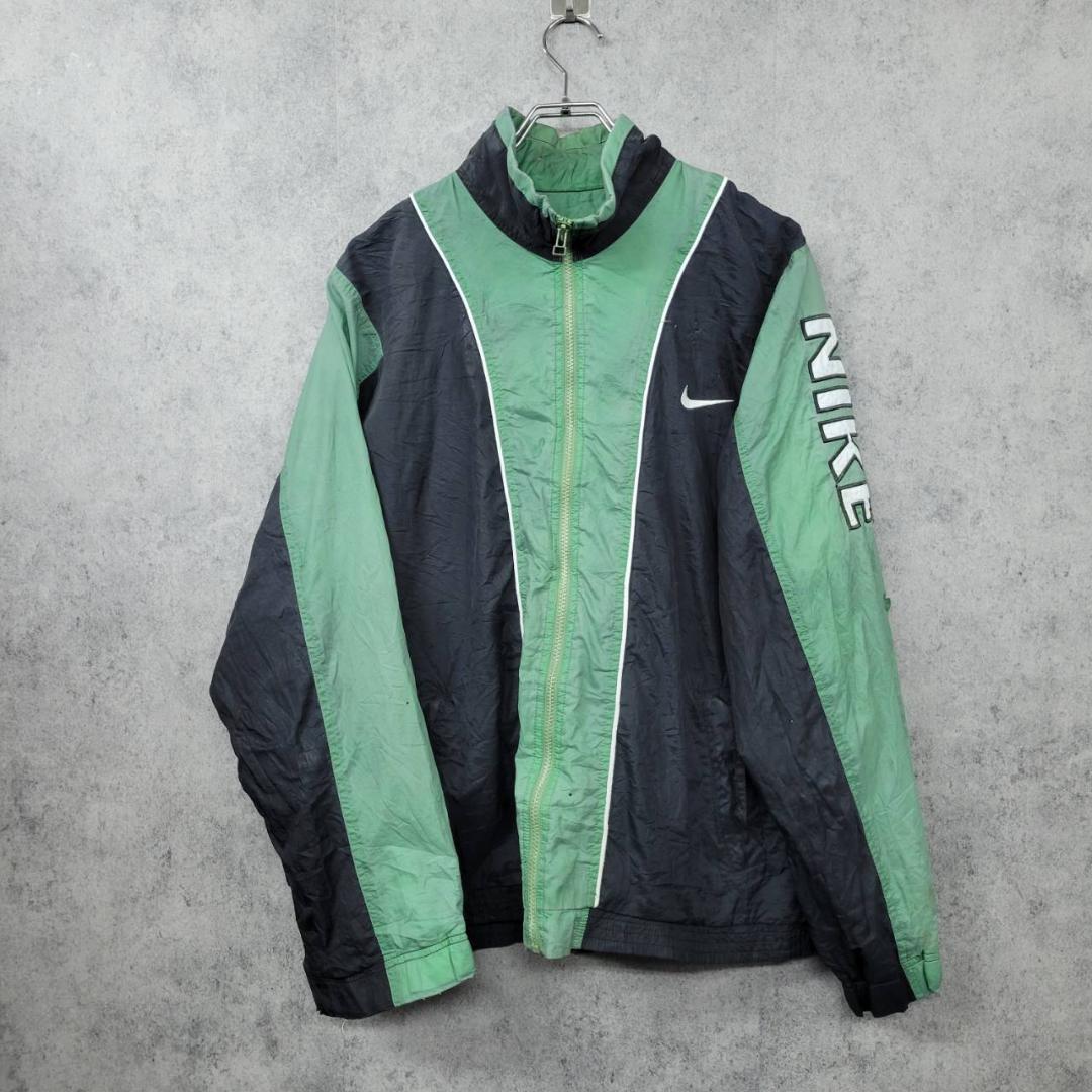 90s 古着】ナイキ 希少 刺繍 ナイロンジャケット グリーン×ブラック L