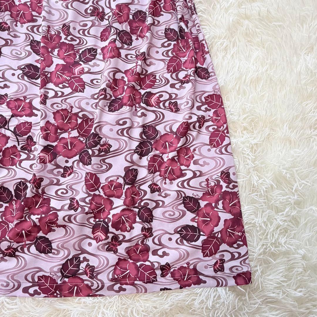 美品 9号 kayme ケイミー 紅ハイビスカス ツイストワンピ 花柄 ピンク