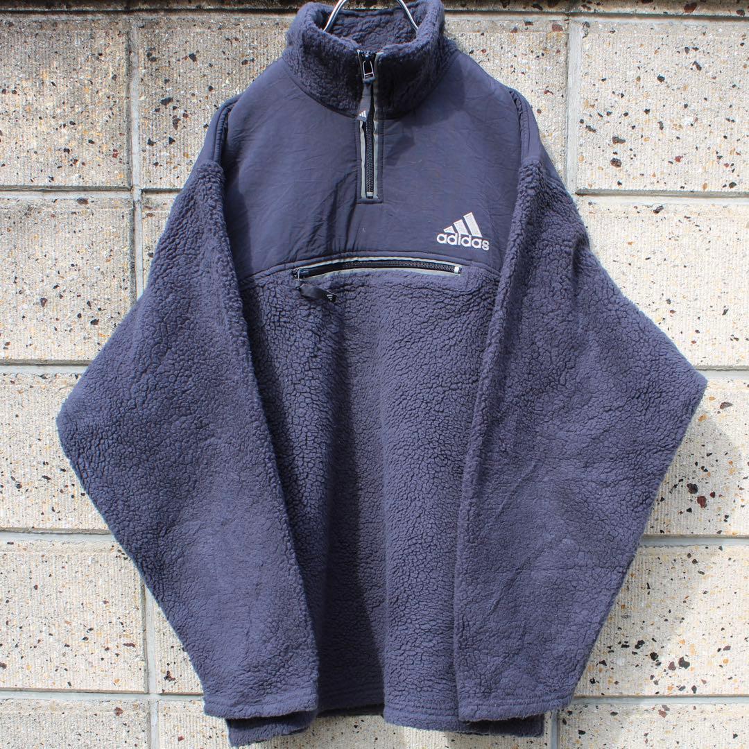 adidas 00s ロゴ刺繍 古着 ハーフジップ フリースボア プルジャケット