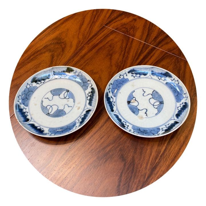 皿　古伊万里染付　2枚セット 伊万里染付山水膾皿2枚組 鉄釉縁取り 手描き風景 国内残留品 お椀