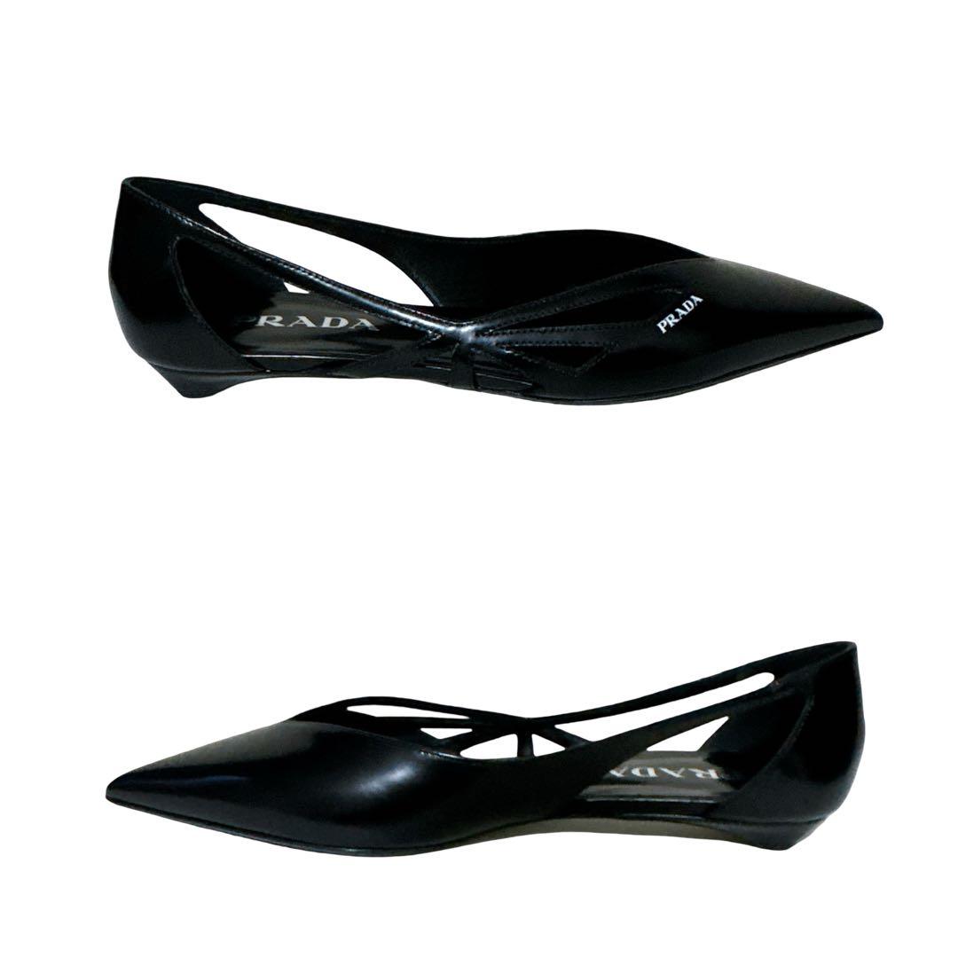 未使用】 プラダ パンプス フラットシューズ 37 レザー ブラック 保存