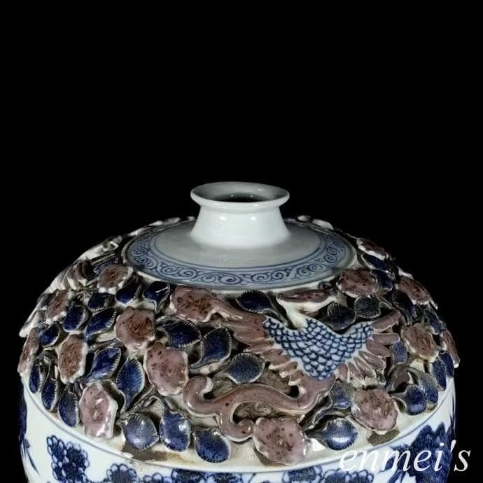 中国古美術✦青花釉裏紅捏花蕭何月下で韓信を追う梅瓶✦文房具・純