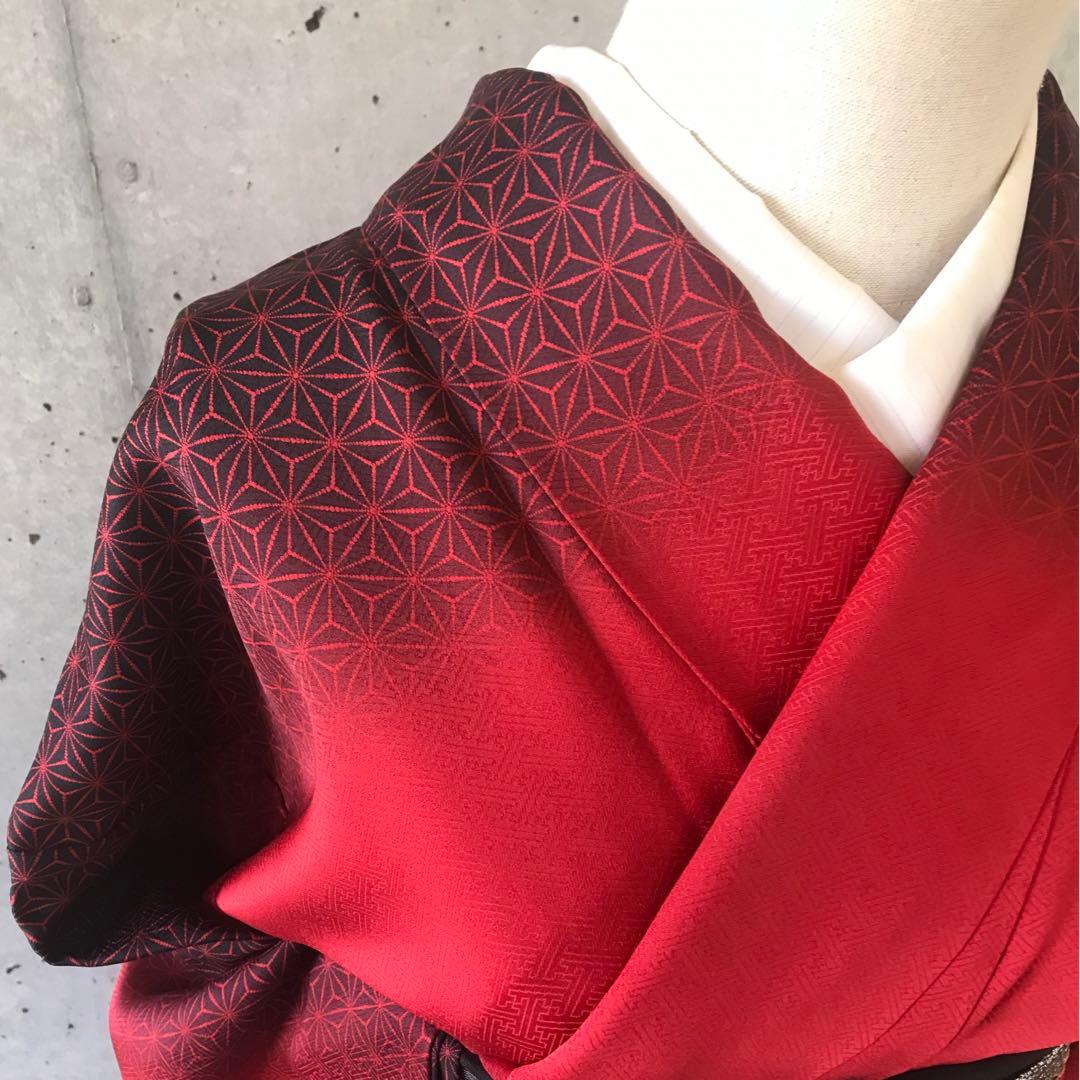 斉藤三才】正絹 赤と黒のカッコいい訪問着 麻の葉柄 袷 落款 - メルカリ