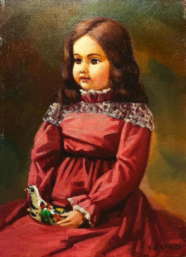 吉田武功 タイトル「ハトを持つ人形」」 F4号 油彩画 額装 真作