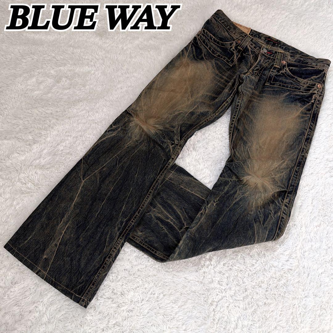 BLUE WAY ブルーウェイ 鬼ヒゲ フレア デニム パンツ ジーンズ Y2K BLUE WAY JEANS ダメージ デニムパンツ 日本製 Y2K 鬼ヒゲ - メルカリ