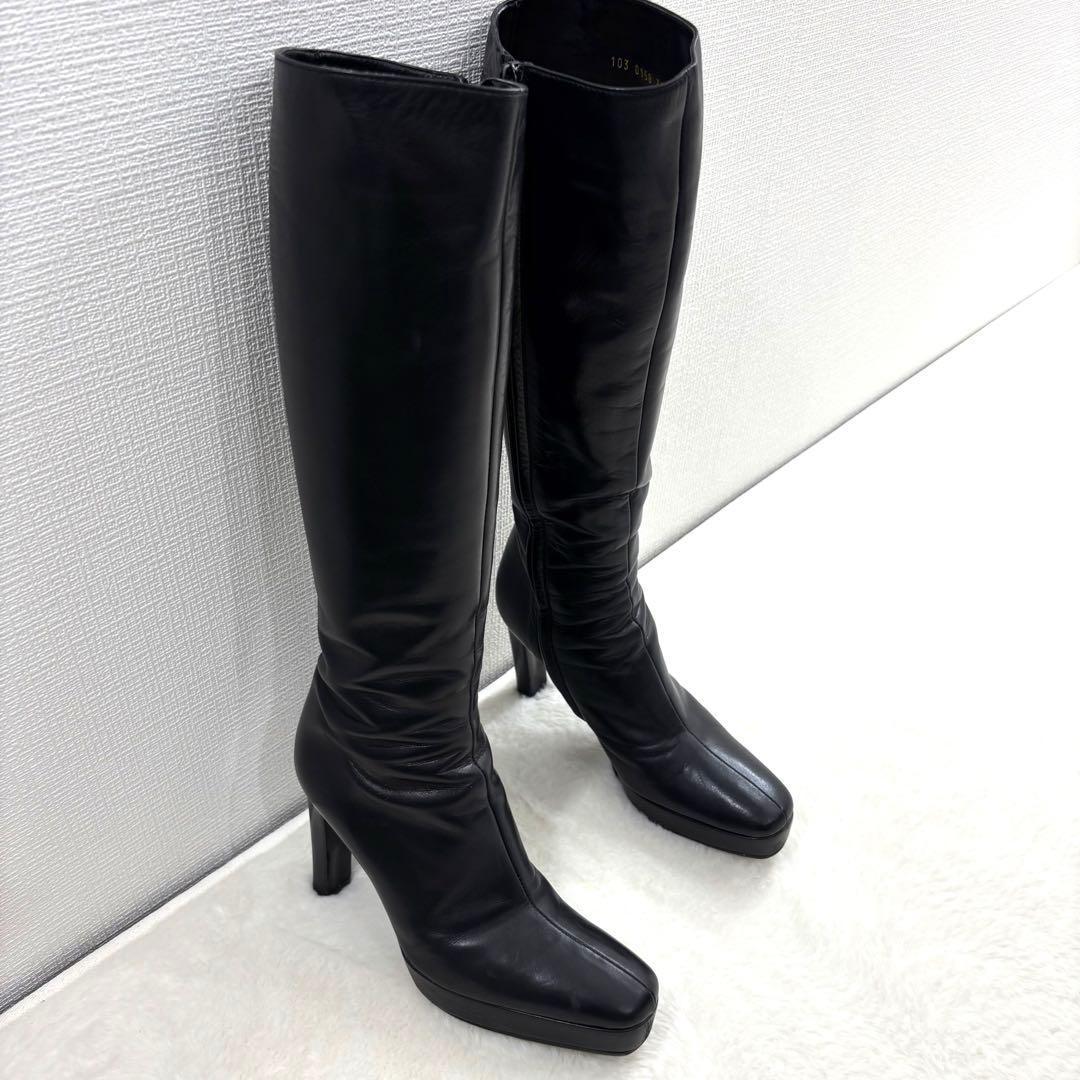 グッチ　ロング ブラック レザー ブーツ　厚底　22.5〜23.0cm　本革