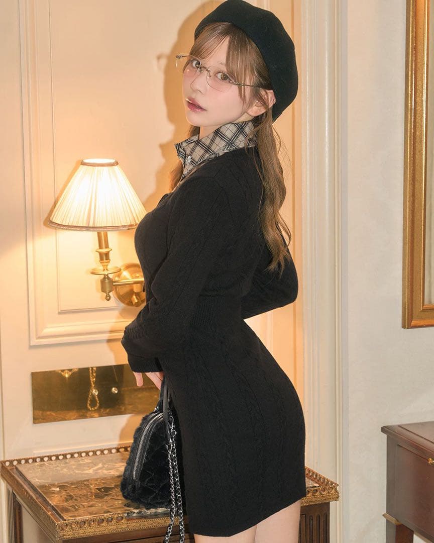 michelleMacaron シャツレイヤード風ニットワンピース フリーサイズ