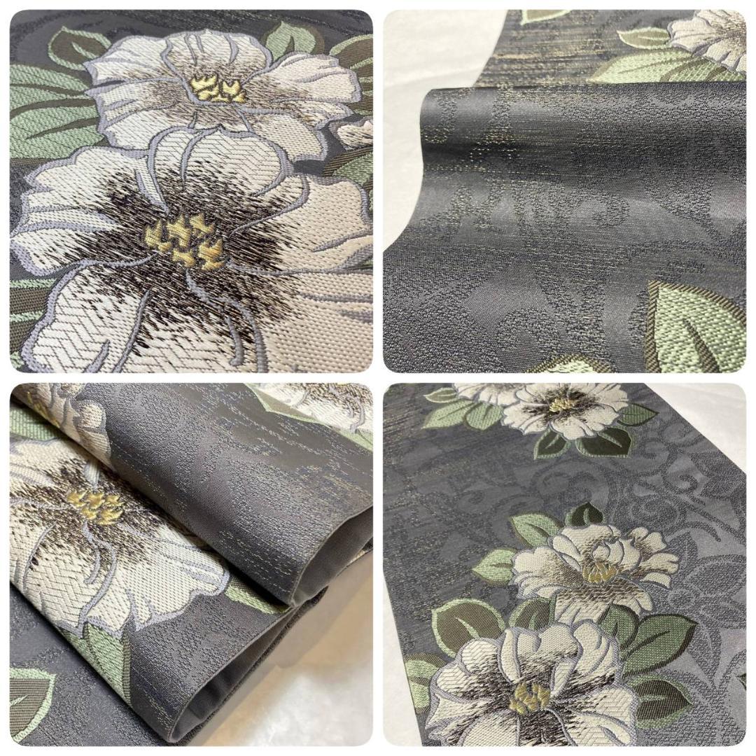 唐織り 金通し 椿 唐花 正絹 金糸 袋帯 黒 グレー 白 緑 709 - メルカリ