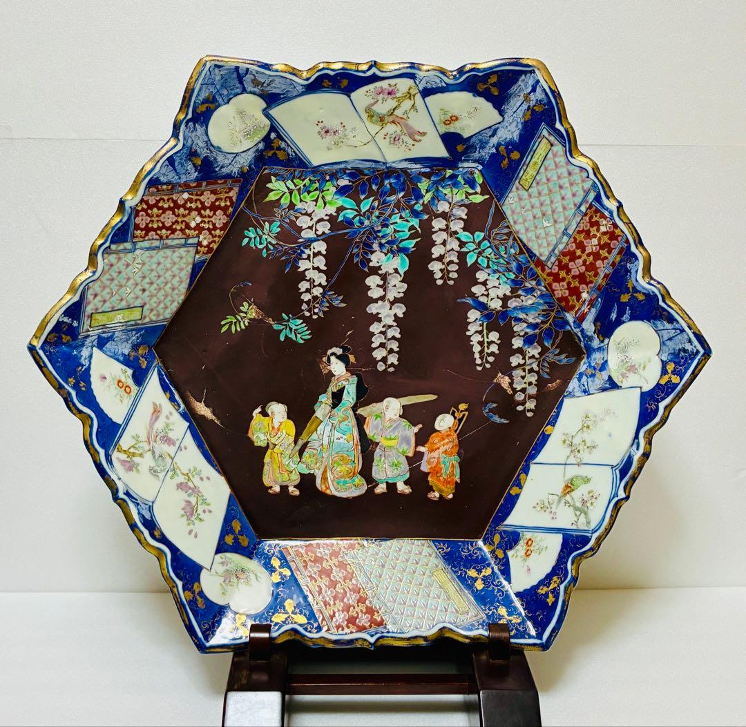 お値下❌ 明治初期 香蘭社 色絵褐地藤絵人物文 ブラックホーソン六角大皿 明治初期 香蘭社 色絵褐地藤絵人物文 ブラックホーソン六角大皿