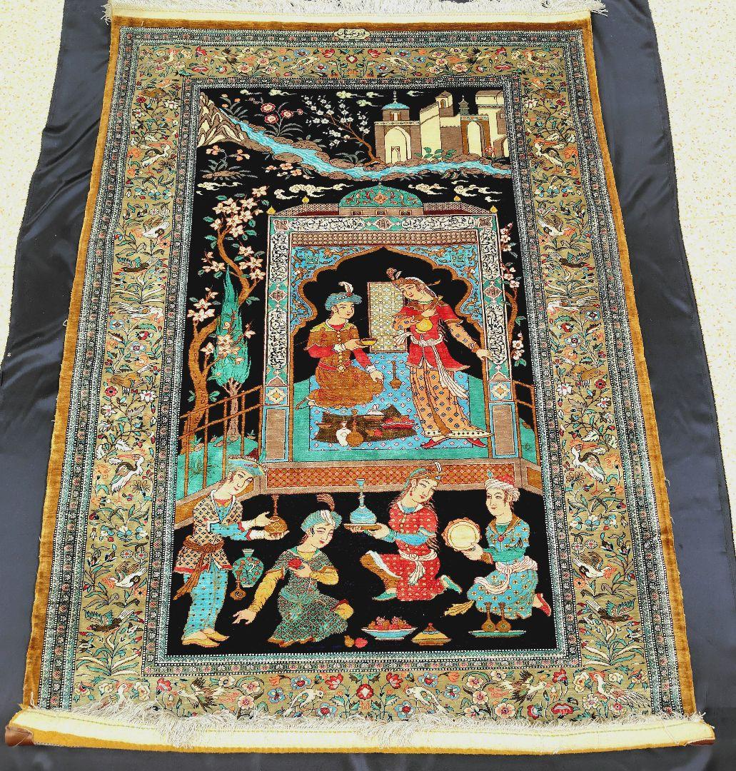 酒宴はお城の庭で】ペルシャ絨毯 シルク手織り ふたりの王子4人の