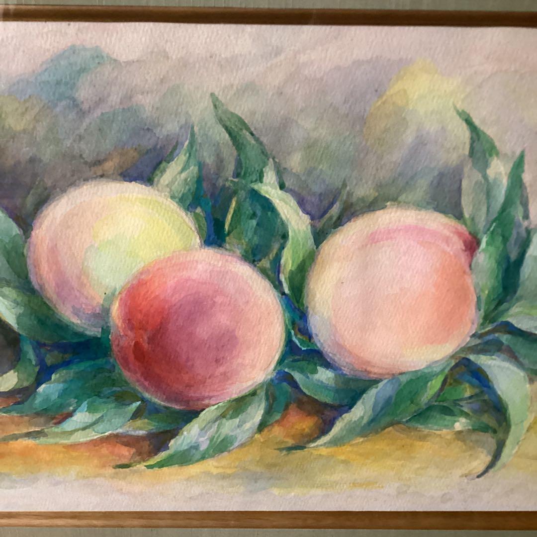 坂本繁二郎 水彩画 静物 【 桃 図 】肉筆画 豪華額装仕立 模写 即決品