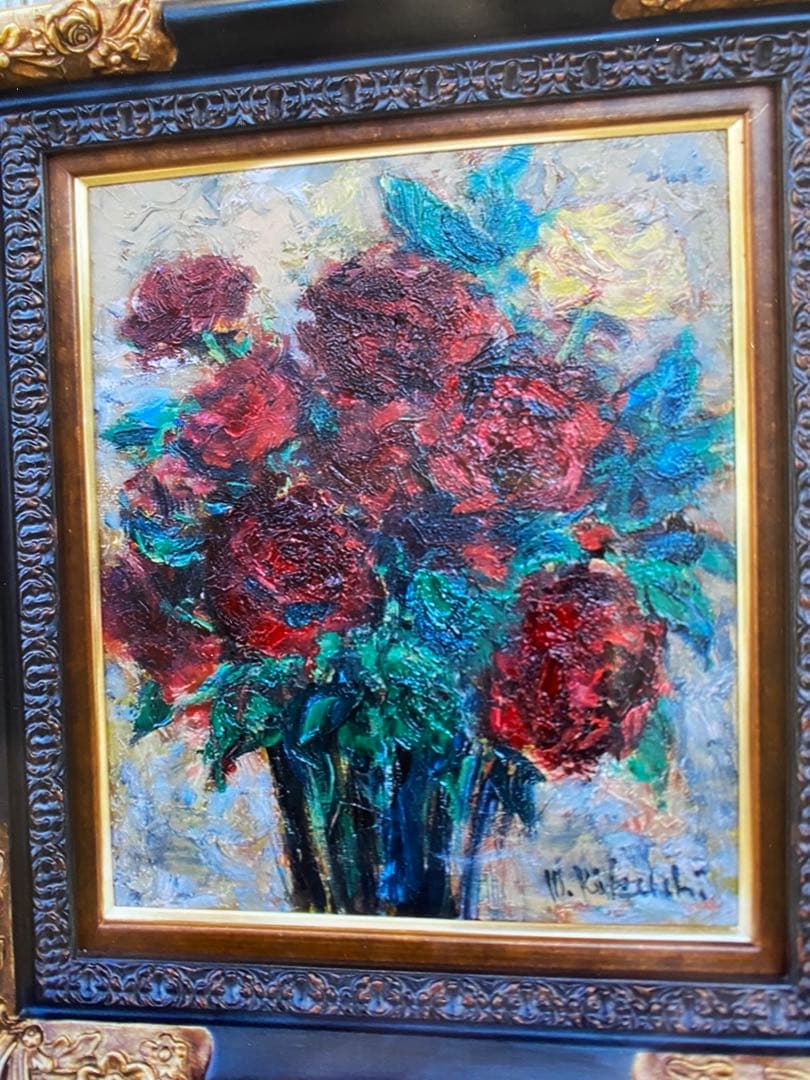 絵画菊地正則「赤いバラ」 油彩画真作額付き額装ゴージャスF8 美品