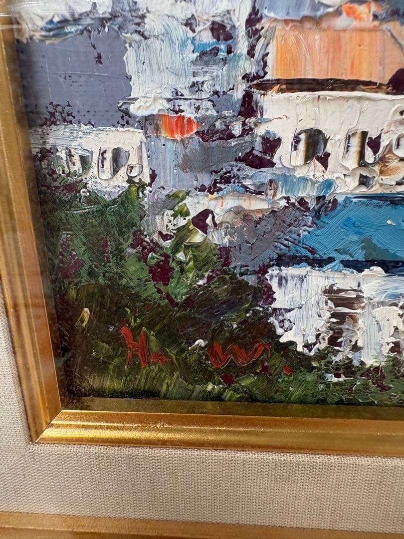 H. W. 渡部ひでき 「エッフェル塔遠望」油彩画 木製フレーム付き