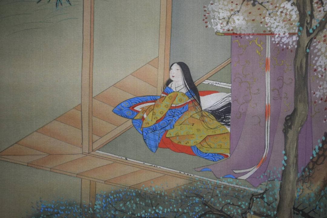 土佐光起/大和絵/人物図/桜花/紅葉/双幅/杉塗箱付/布袋屋掛軸HJ-474