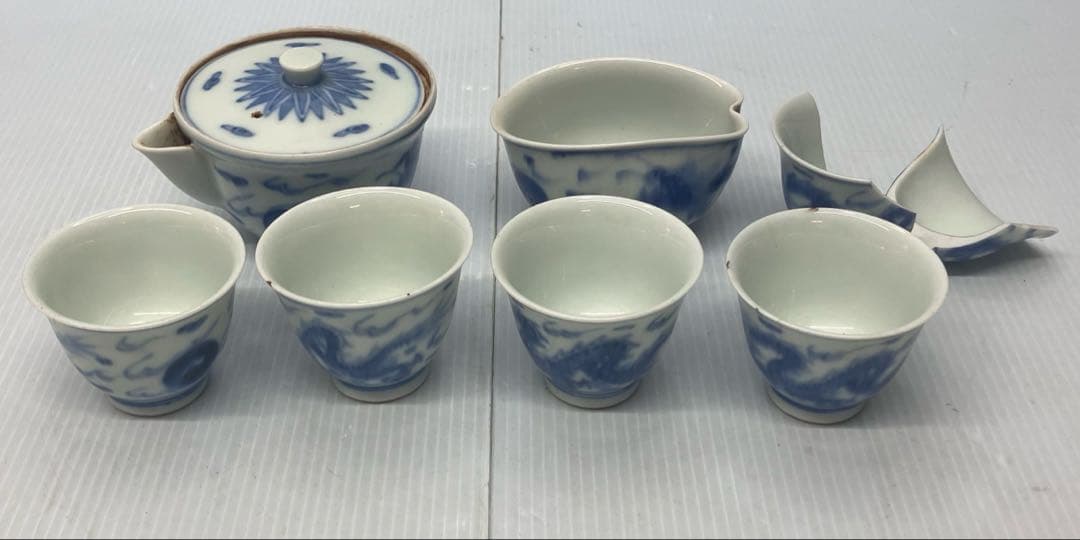 京焼 三浦竹泉 染付 山水図 煎茶器揃（宝瓶・湯冷・碗4客）※1客訳あり