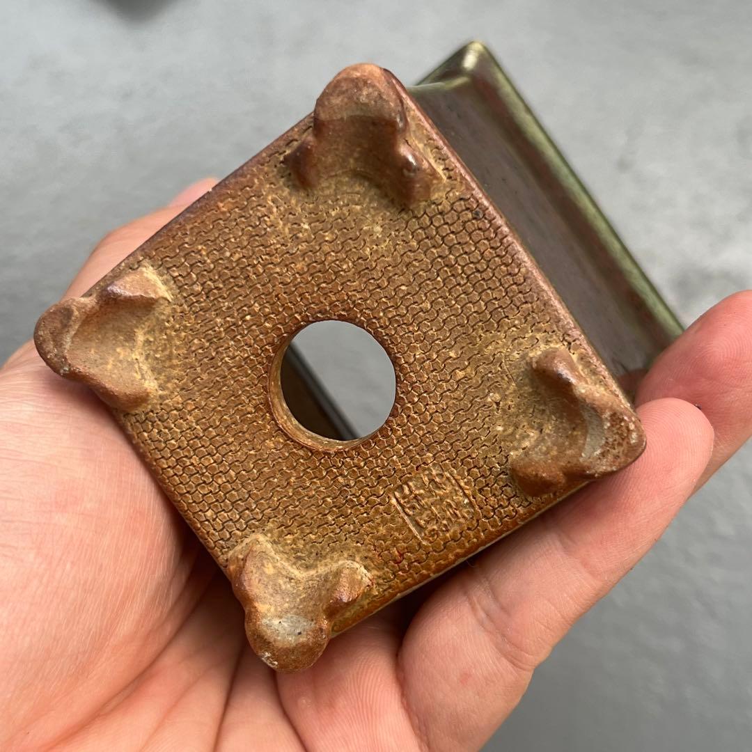 691.平安虹泉 辰砂釉雲足正方 盆栽鉢 植木鉢 6.5*6.5*7.6cm