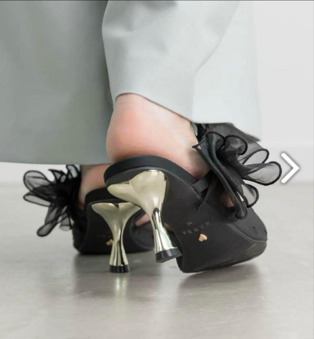 RANDA シフォンリボンハートミュールパンプス 25.5cm ブラック ランダ