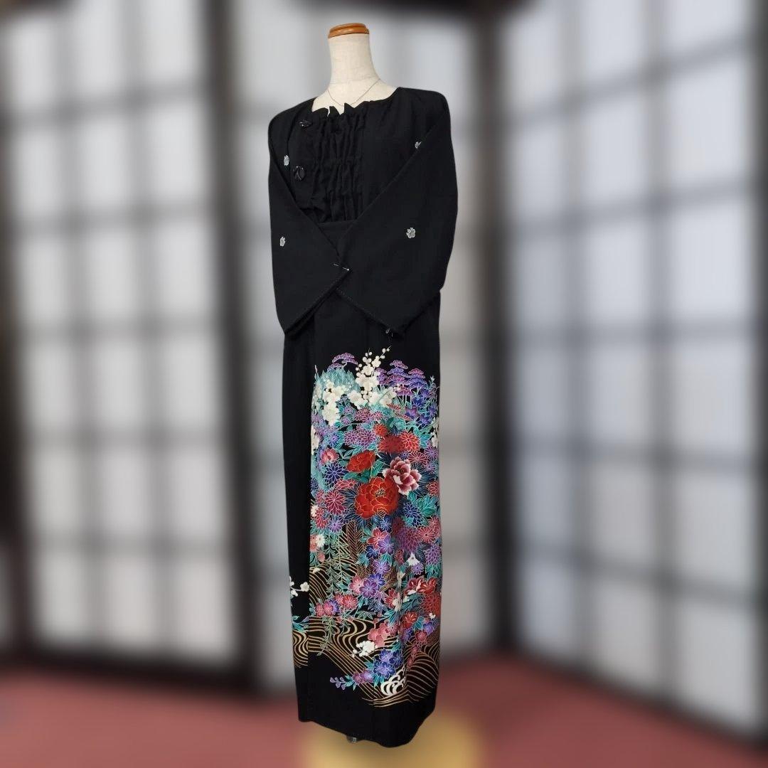 黒留袖 花柄刺繍家紋、ロングフォーマルドレスゆったりサイズ - メルカリ