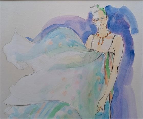 Akiサイン 「ファッション」 鉛筆デッサンに水彩画 真作