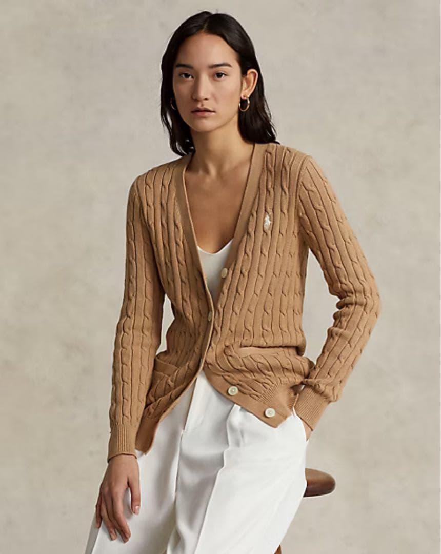 ラルフローレン ケーブルニット カーディガン ベージュ×白ポニー L