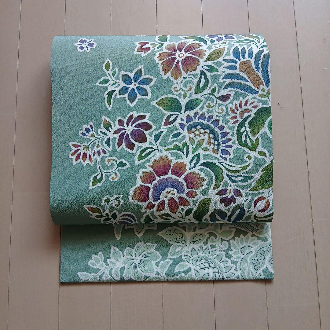 美品　名古屋帯 　緑色　 花柄 uu0707b_1.jpg