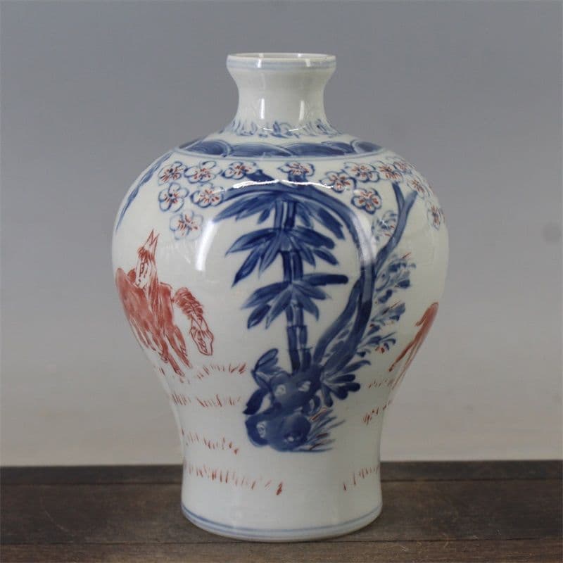 清康煕青花釉里紅三羊開泰梅瓶 景徳鎮 陶磁器