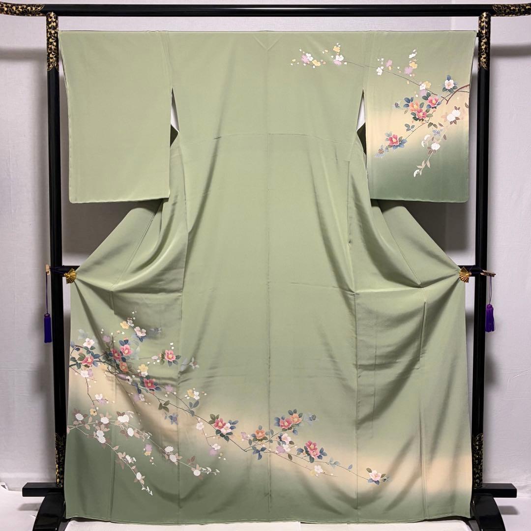 D311 訪問着 手描き友禅 花模様 正絹 着物 袷 しつけ糸付き未使用極美