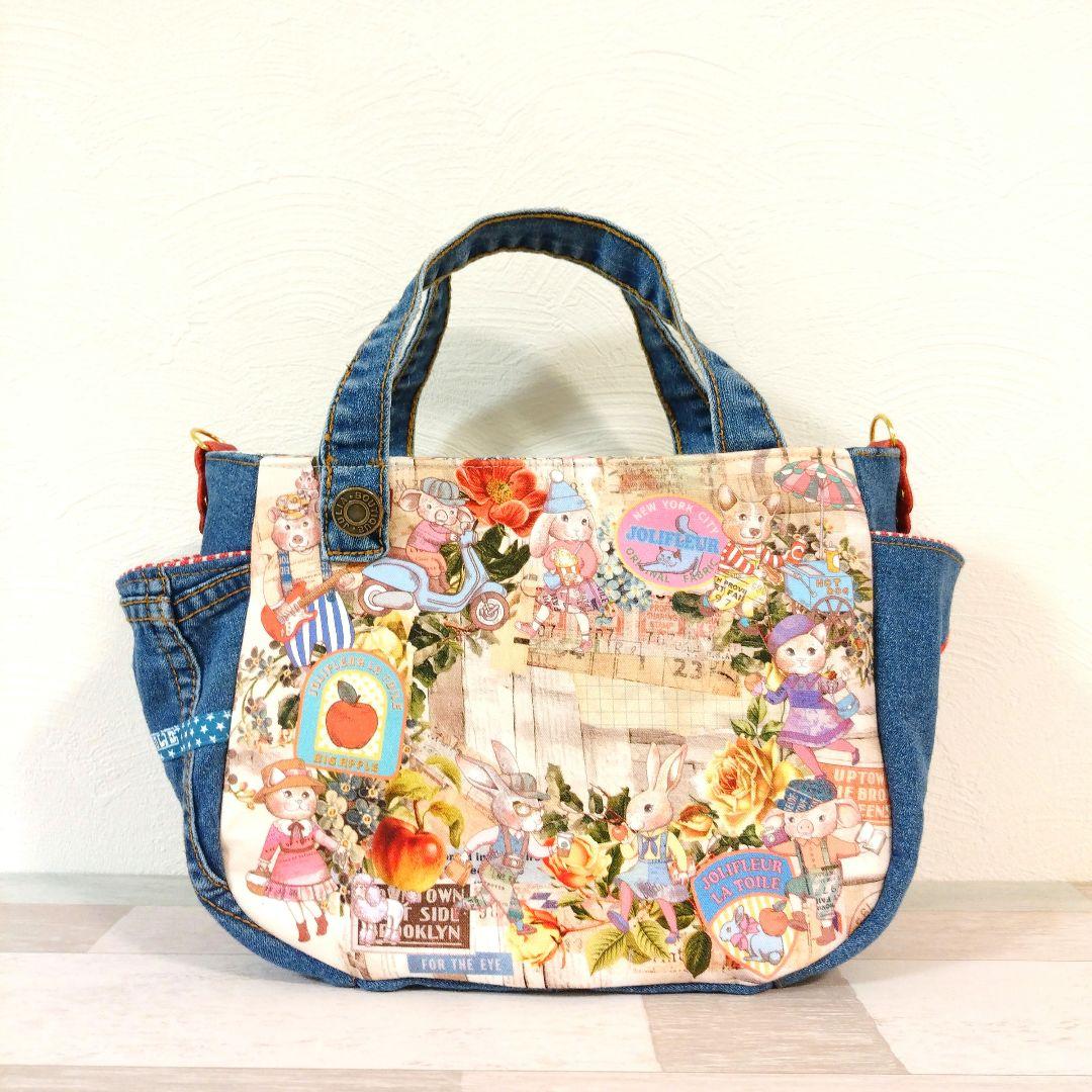 専用☆大判コラコラ×デニムリメイクバッグ ☆ ジョリーフルール 大判コラコラ×デニムリメイクバッグ ☆ ジョリーフルール
