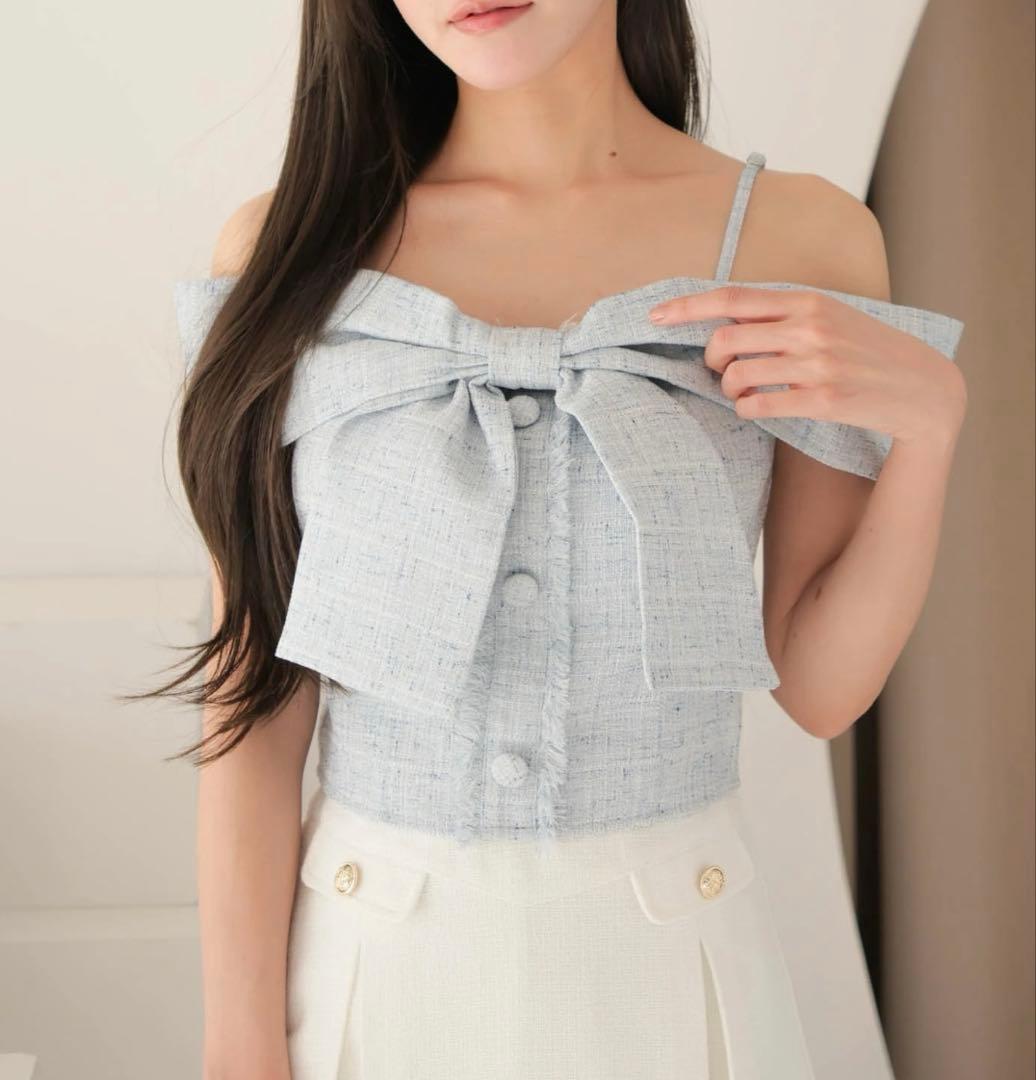 リップサービス LIP SERVICE ツイードリボンオフショルトップス ブルー リップサービス LIP SERVICE ツイードリボンオフショルトップス