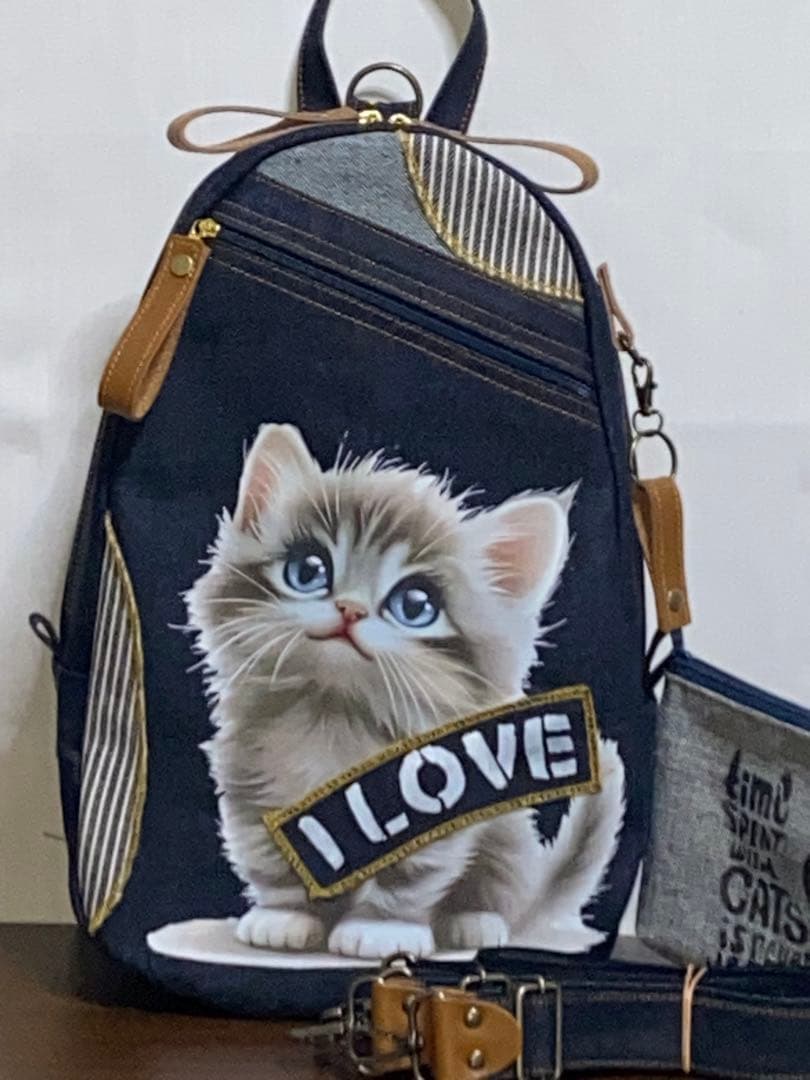 男女兼用☆岡山デニム☆子猫☆トラネコ☆リュック対応☆ワンショルダーバッグ 岡山デニム「にゃおとら」ショルダーバッグ（B） Japanese shoulder