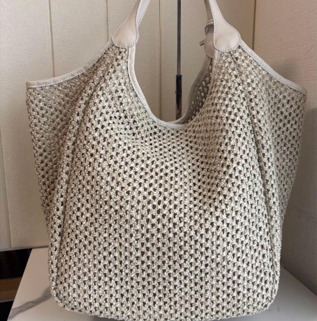 美品】MARCO MASI カゴトート ラフィア×レザー ホワイト メッシュ