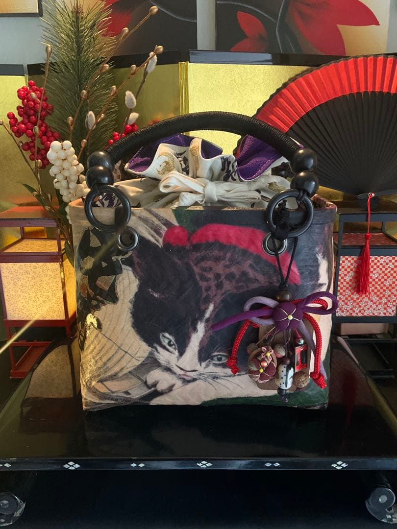 一閑張り 一閑張りバッグ 古文書 和紙 大正 着物 竹籠 小林清親 猫と