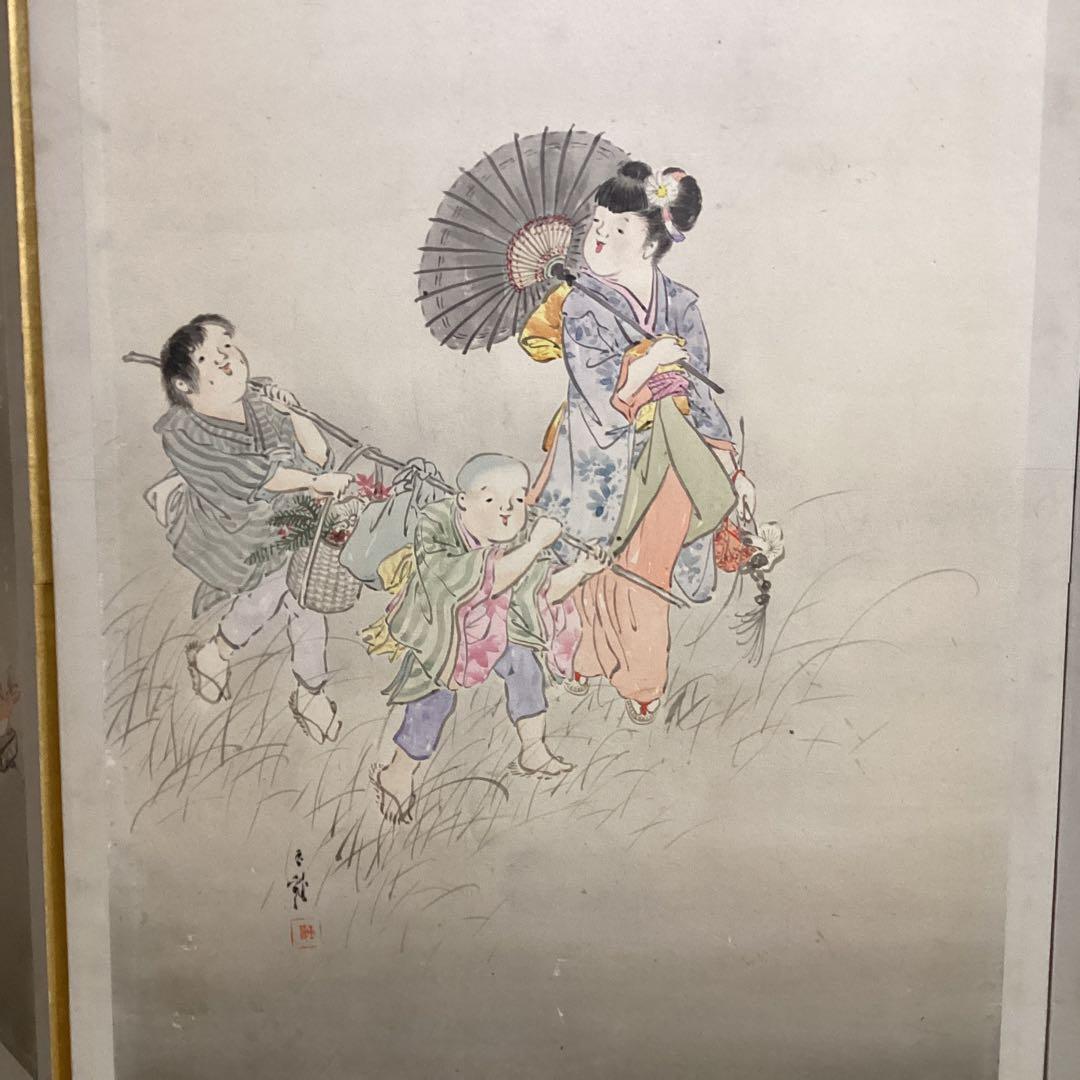 O-34日本の伝統的な屏風 子供遊びの図①六曲一双